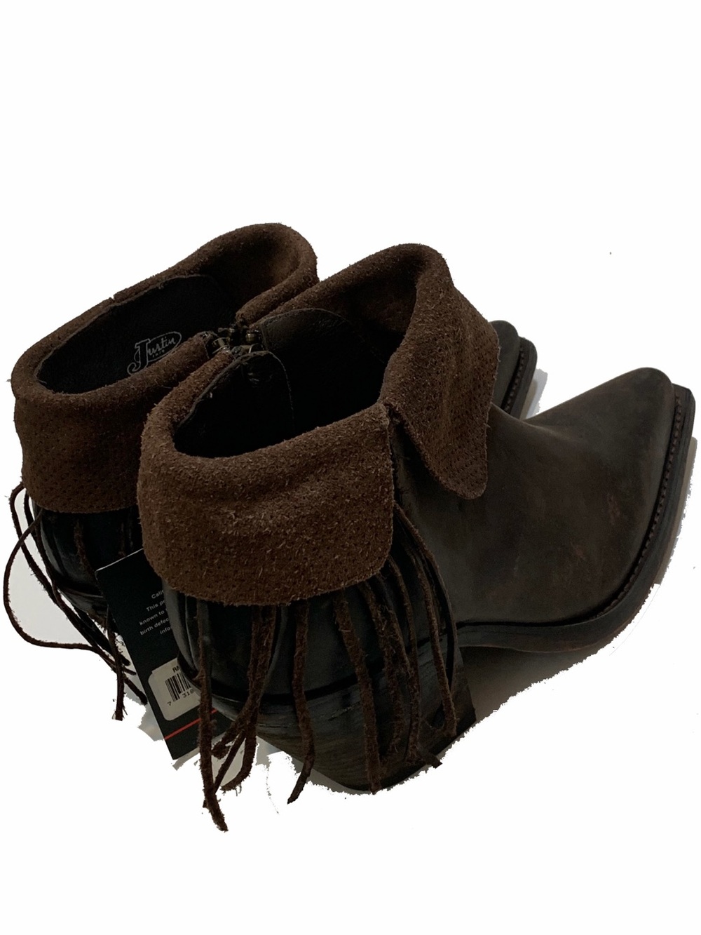 Reva By Justin Boots Dark Brown Leather Pointed Ankle Cowboy Boots with Fringe - Picture 3 of 8